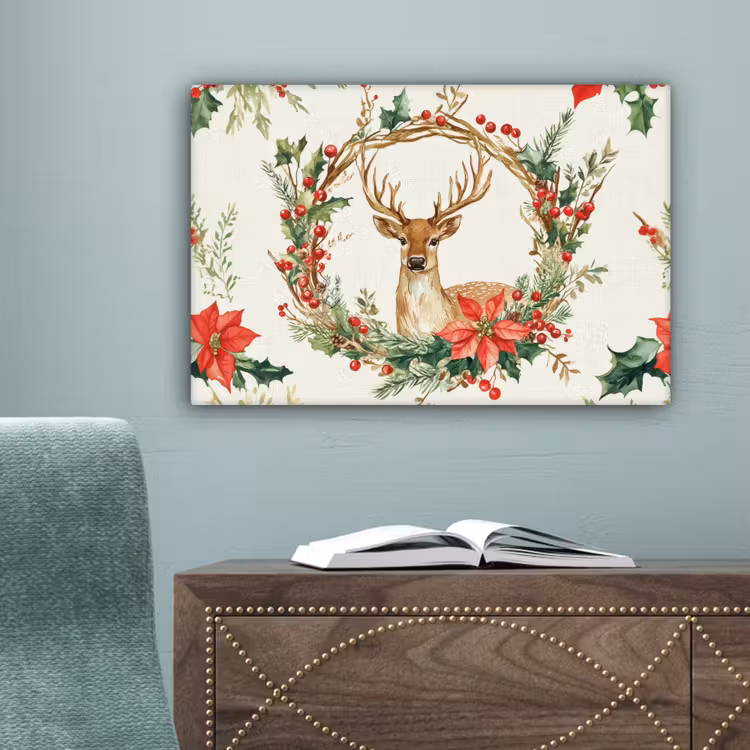 Kerstkrans - Hert - Hulst - Rood canvas 2cm klein -sfeer4