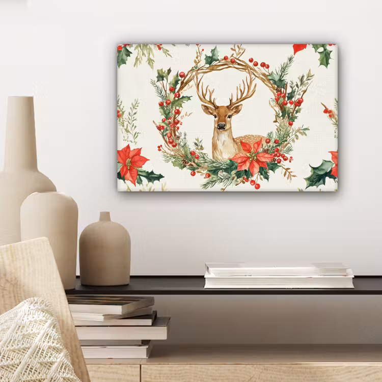 Kerstkrans - Hert - Hulst - Rood canvas 2cm klein -sfeer6