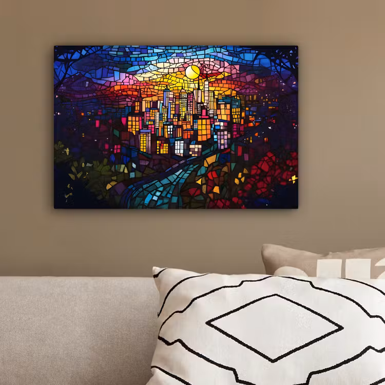Stad - Maan - Mozaïek - Kleurrijk canvas 2cm klein -sfeer3