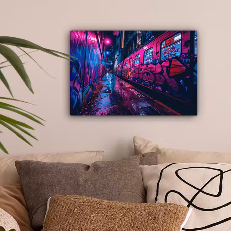 Stad - Neon - Nacht - Roze - Graffiti canvas 2cm klein -sfeer1