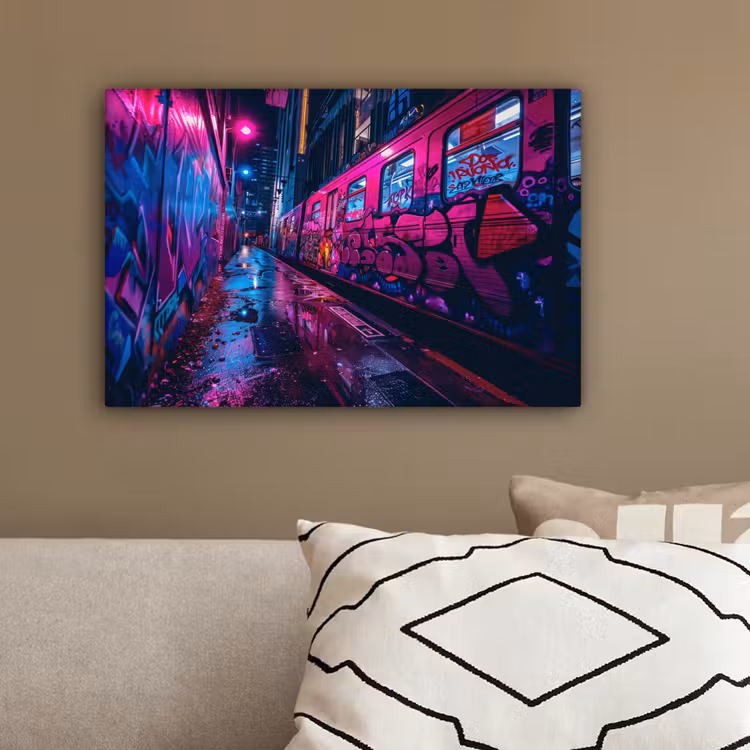 Stad - Neon - Nacht - Roze - Graffiti canvas 2cm klein -sfeer3