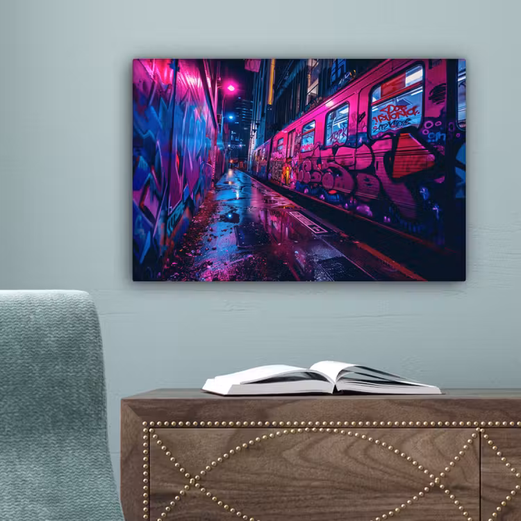 Stad - Neon - Nacht - Roze - Graffiti canvas 2cm klein -sfeer4