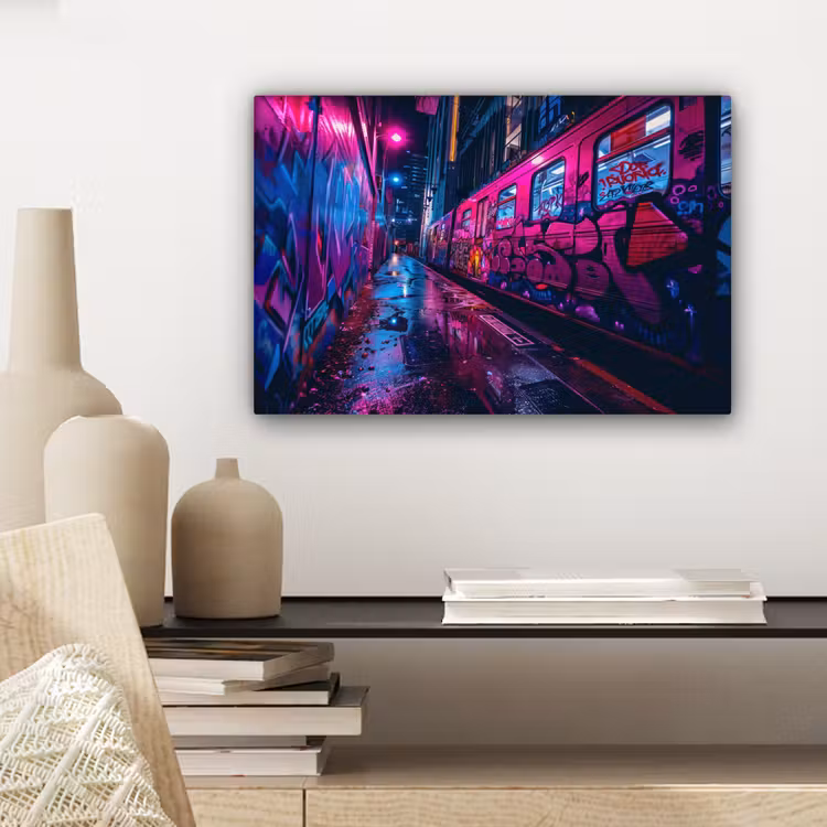 Stad - Neon - Nacht - Roze - Graffiti canvas 2cm klein -sfeer6