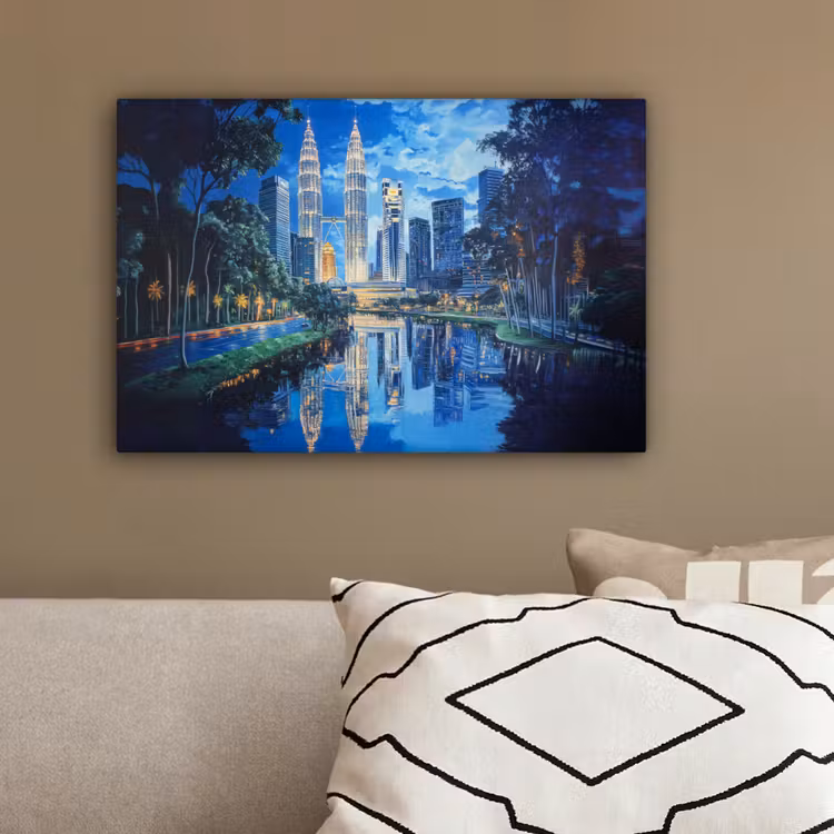 Stad Kuala Lumpur - Skyline - Wolkenkrabbers - Water canvas 2cm klein -sfeer3