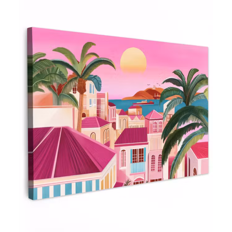 Stad - Roze - Palmbomen canvas 2cm klein -z3d