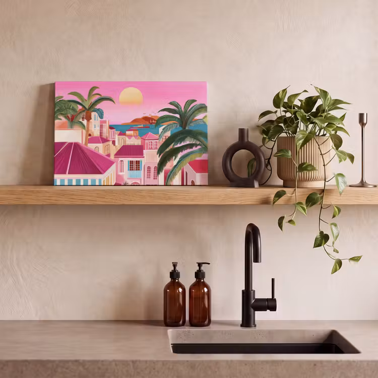 Stad - Roze - Palmbomen canvas 2cm klein -sfeer3