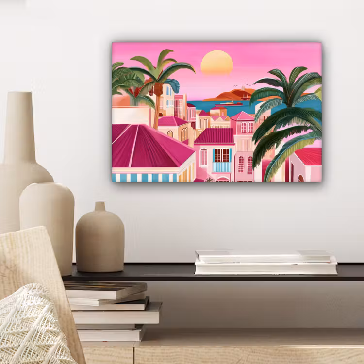 Stad - Roze - Palmbomen canvas 2cm klein -sfeer6