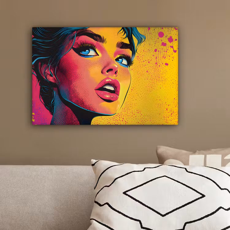 Close-up - Vrouwengezicht - Stippen - Geel canvas 2cm klein -sfeer3