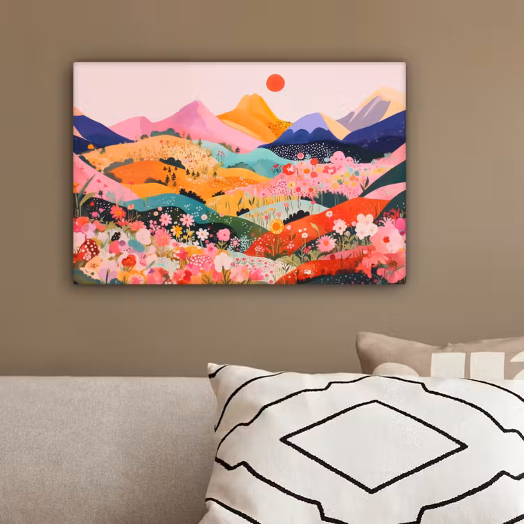 Kleurrijke bloemen - Bergen - Fantasielandschap canvas 2cm klein -sfeer3