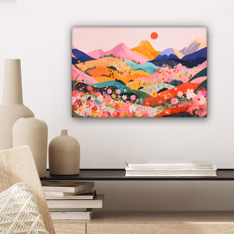 Kleurrijke bloemen - Bergen - Fantasielandschap canvas 2cm klein -sfeer6