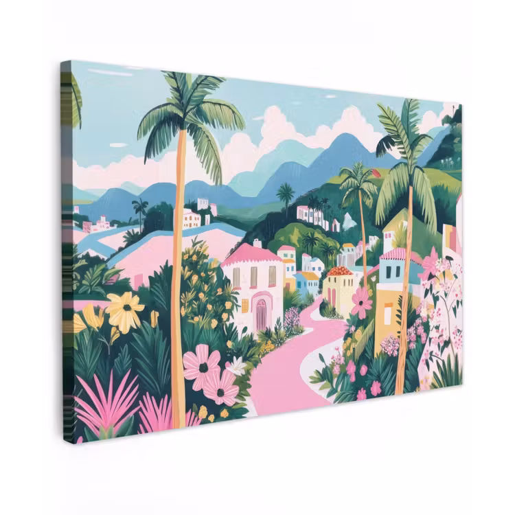 Kleurrijk - Huizen - Heuvels - Roze canvas 2cm klein -z3d