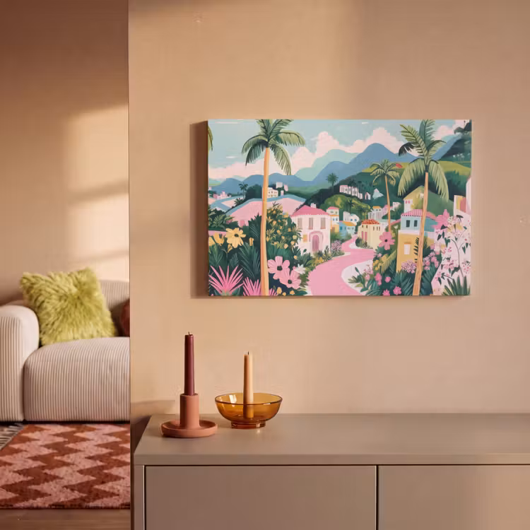 Kleurrijk - Huizen - Heuvels - Roze canvas 2cm klein -sfeer1