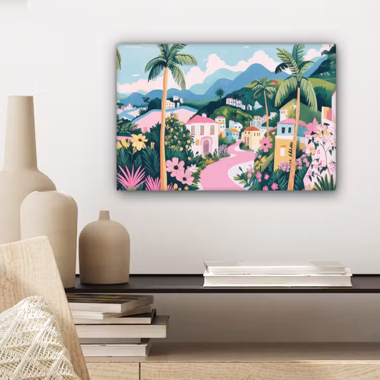 Kleurrijk - Huizen - Heuvels - Roze canvas 2cm klein -sfeer6