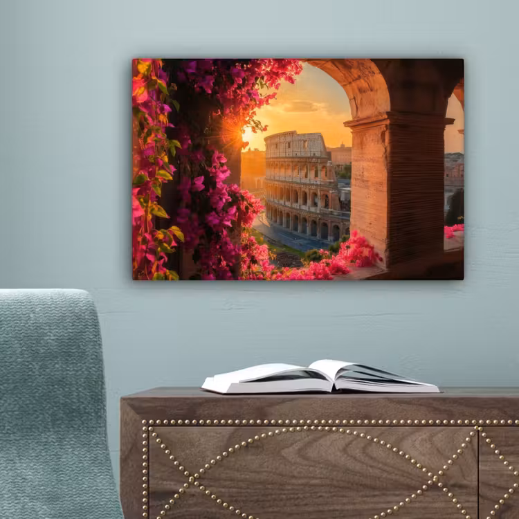 Colosseum - Rome - Roze Bloemen canvas 2cm klein -sfeer4
