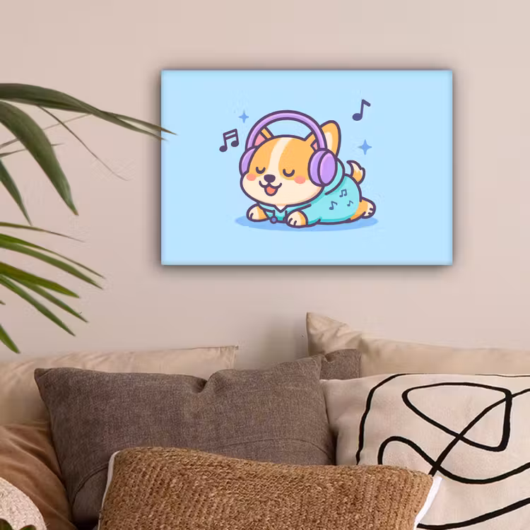 Corgi - Koptelefoon - Blauw - Muzieknoten canvas 2cm klein -sfeer1