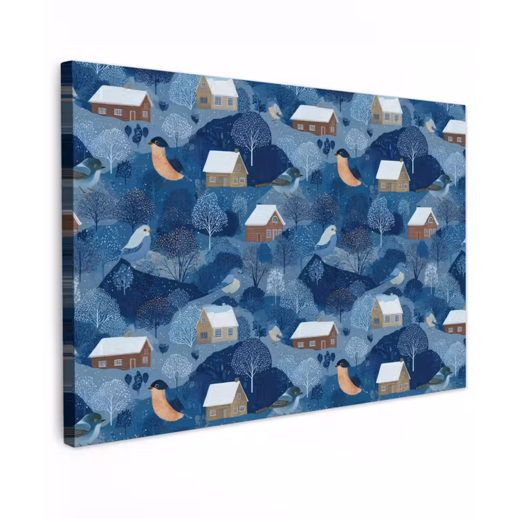 Huisjes - Vogels - Sneeuw - Winter - Blauw canvas 2cm klein 34 -z3d