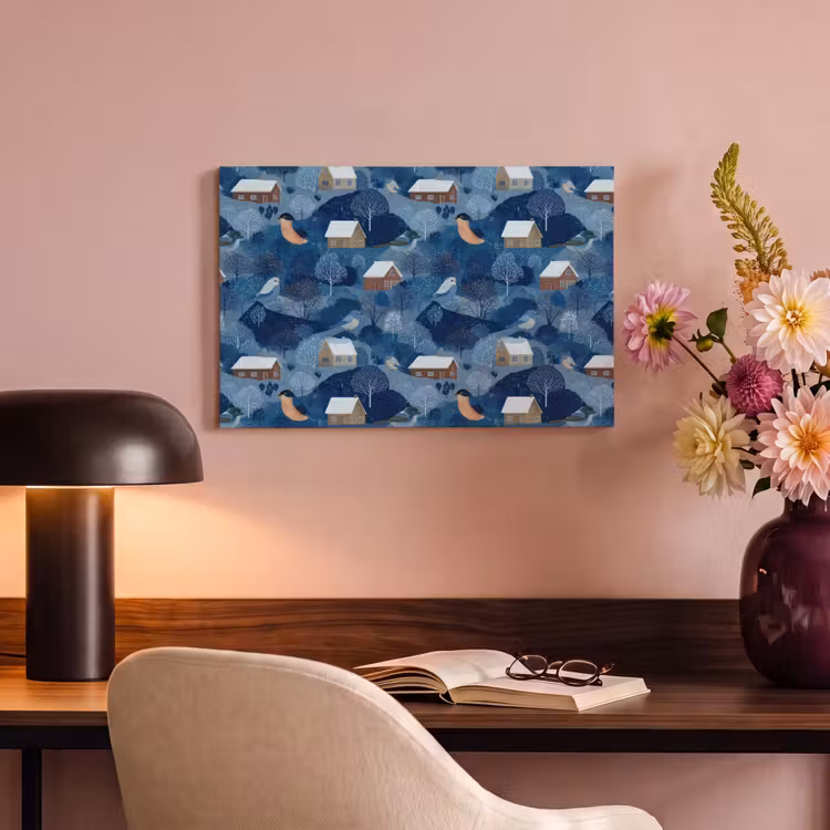 Huisjes - Vogels - Sneeuw - Winter - Blauw canvas 2cm klein 34 -sfeer4