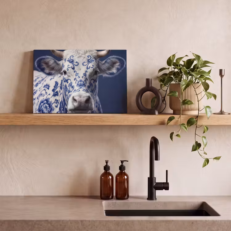 Koe - Delfts - Blauw - Artistiek canvas 2cm klein -sfeer3