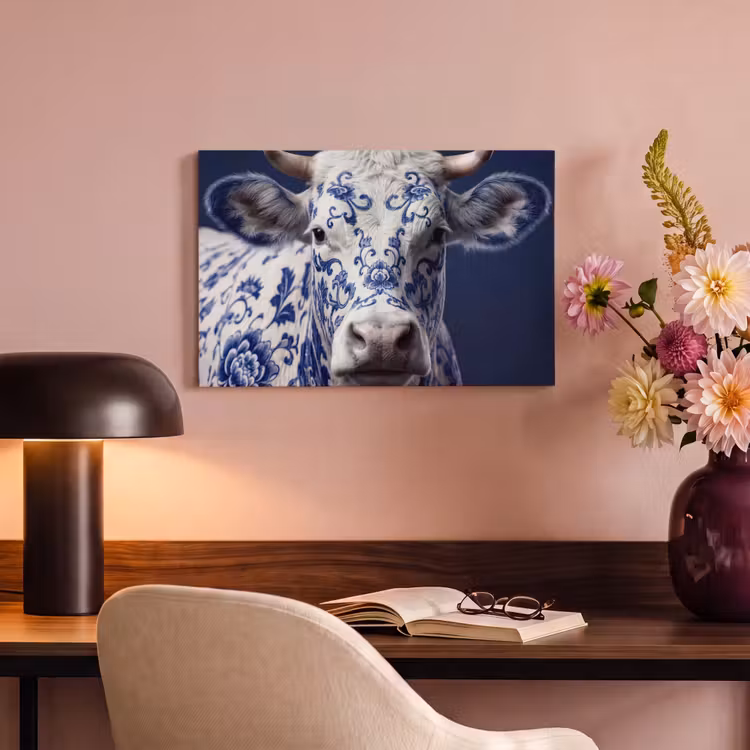 Koe - Delfts - Blauw - Artistiek canvas 2cm klein -sfeer4