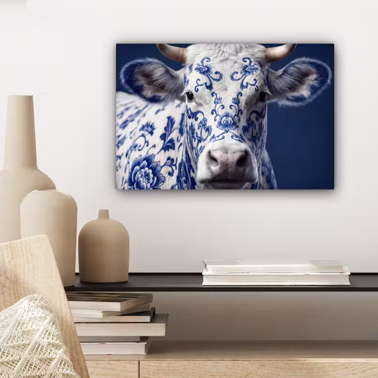 Koe - Delfts - Blauw - Artistiek canvas 2cm klein -sfeer6