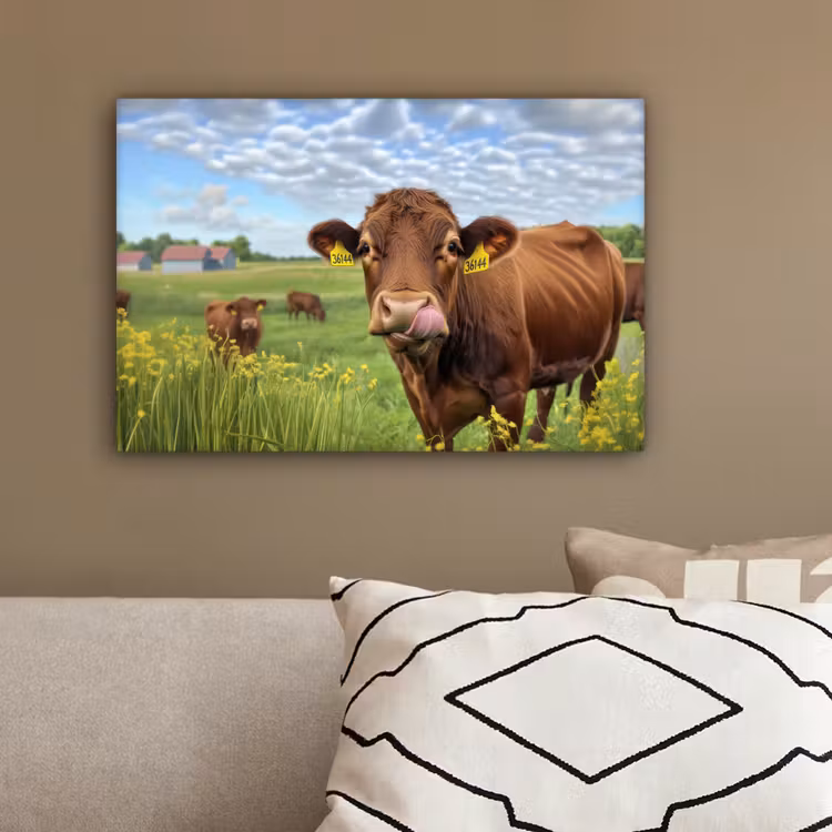Koe - Weide - Bloemen canvas 2cm klein -sfeer3
