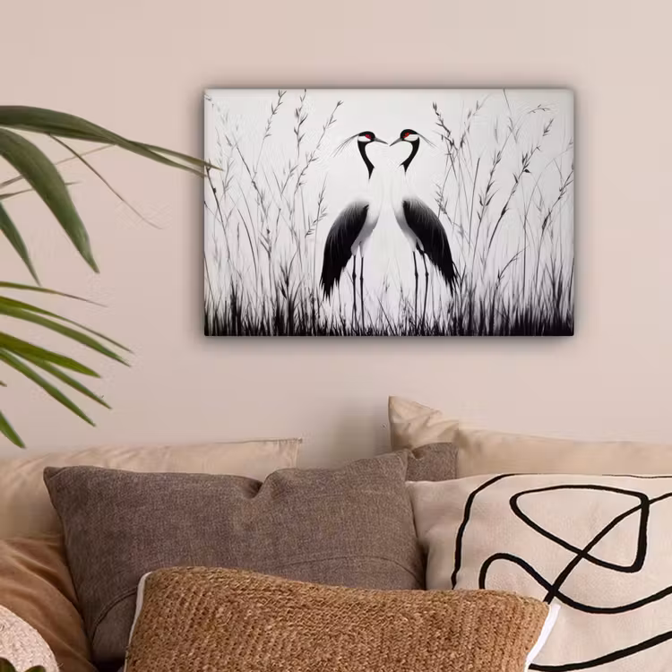 Kraanvogels - Gras - Hartvorm - Zwart canvas 2cm klein -sfeer1