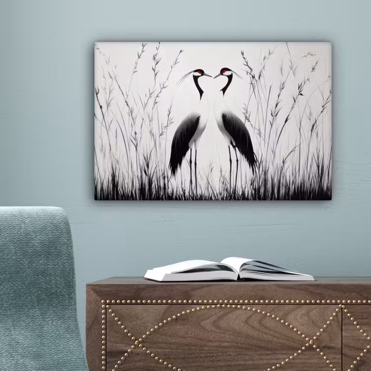Kraanvogels - Gras - Hartvorm - Zwart canvas 2cm klein -sfeer4