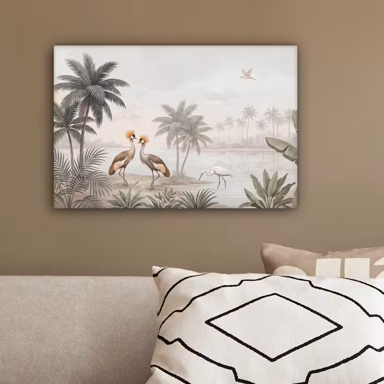 Kraanvogels - Palmbomen - Tropisch canvas 2cm klein -sfeer3
