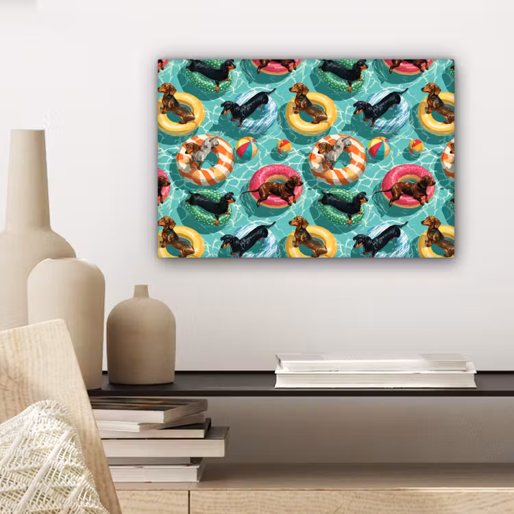 Teckels - Zwembad - Kleurrijk canvas 2cm klein 34 -sfeer6