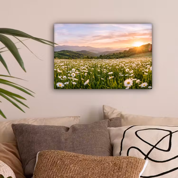 Madelief - Veld - Heuvels - Groen canvas 2cm klein -sfeer1