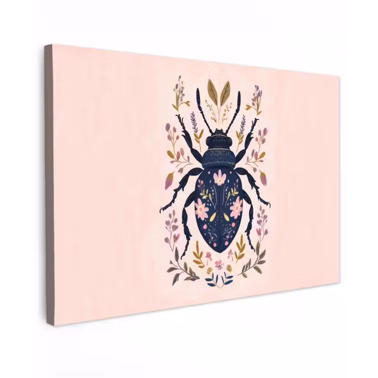 Donkerblauw - Kever - Bloemtakken - Sierlijk canvas 2cm klein -z3d