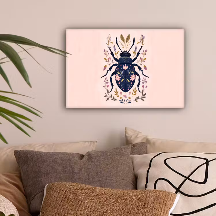 Donkerblauw - Kever - Bloemtakken - Sierlijk canvas 2cm klein -sfeer1