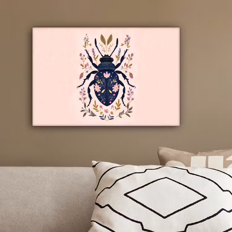Donkerblauw - Kever - Bloemtakken - Sierlijk canvas 2cm klein -sfeer3