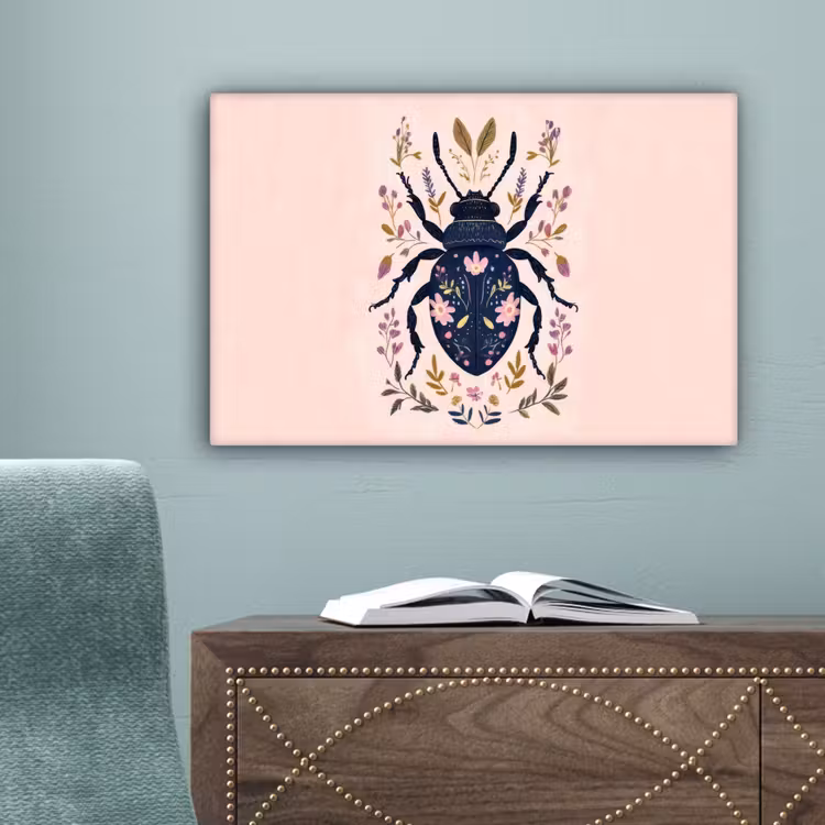 Donkerblauw - Kever - Bloemtakken - Sierlijk canvas 2cm klein -sfeer4