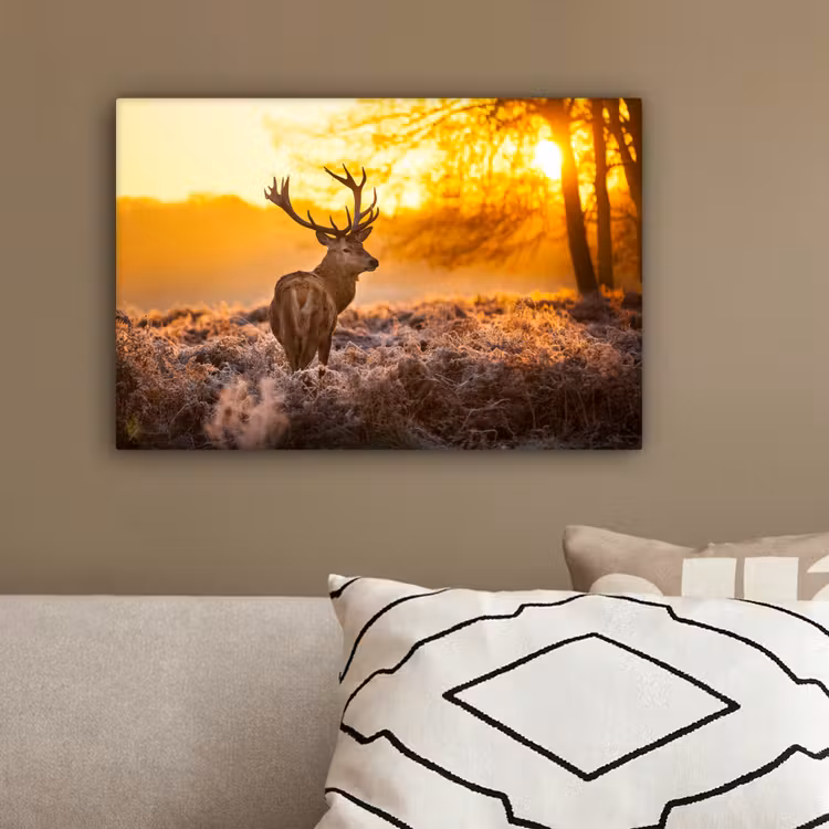 Hert - Dieren - Zonsondergang - Winter - Heide - Natuur canvas 2cm klein -sfeer3