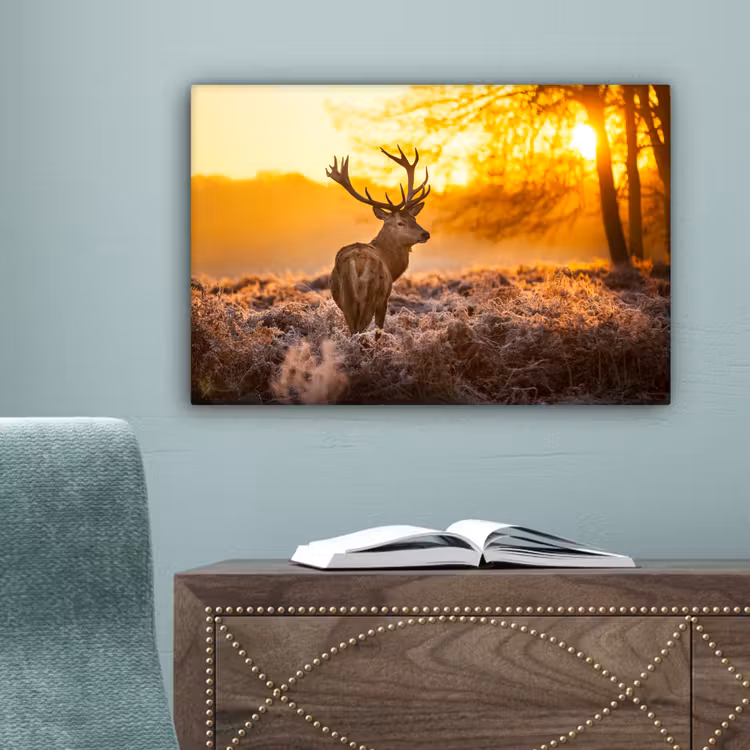 Hert - Dieren - Zonsondergang - Winter - Heide - Natuur canvas 2cm klein -sfeer4