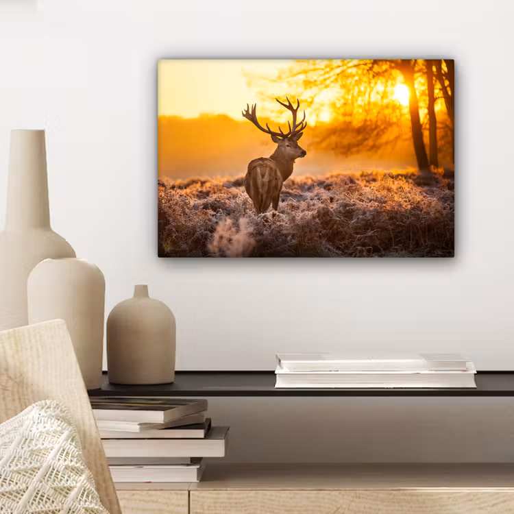 Hert - Dieren - Zonsondergang - Winter - Heide - Natuur canvas 2cm klein -sfeer6