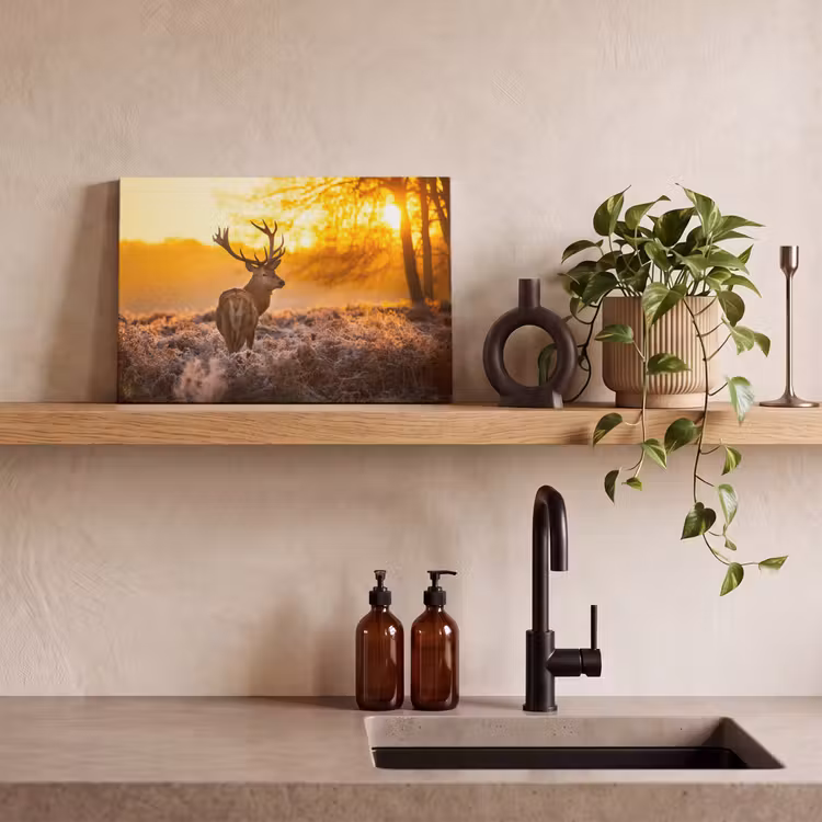 Hert - Dieren - Zonsondergang - Winter - Heide - Natuur canvas 2cm klein -sfeer3