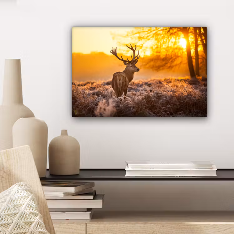Hert - Dieren - Zonsondergang - Winter - Heide - Natuur canvas 2cm klein -sfeer6