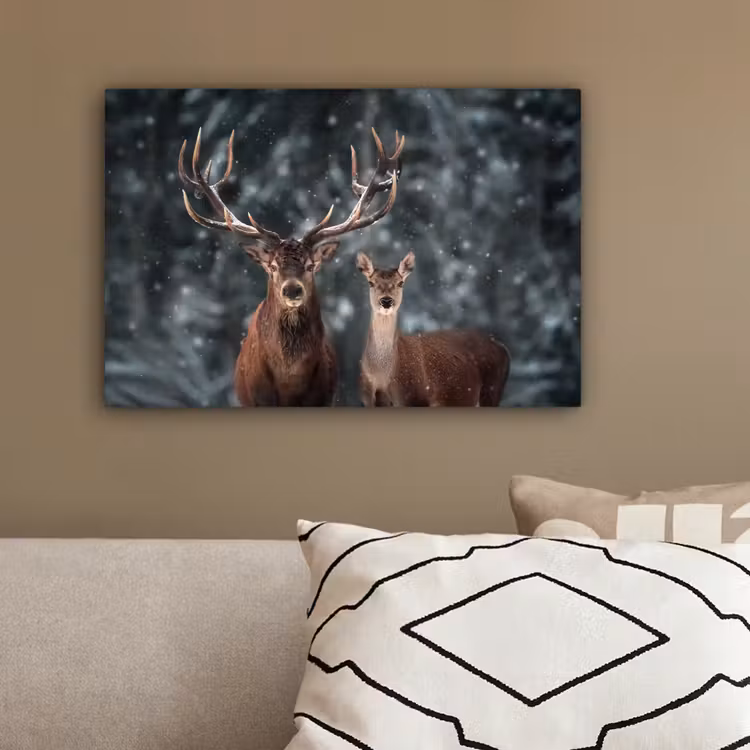 Hert - Dieren - Winter - Gewei - Sneeuw - Natuur canvas 2cm klein -sfeer3
