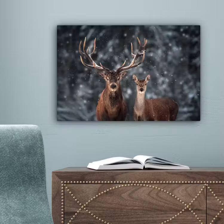 Hert - Dieren - Winter - Gewei - Sneeuw - Natuur canvas 2cm klein -sfeer4