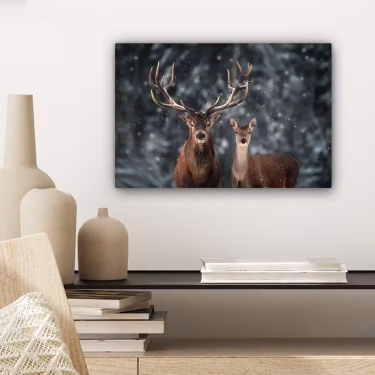 Hert - Dieren - Winter - Gewei - Sneeuw - Natuur canvas 2cm klein -sfeer6