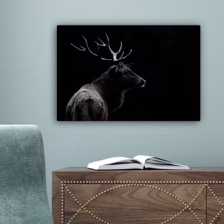 Hert - Zwart - Portret - Gewei - Dieren canvas 2cm klein -sfeer4
