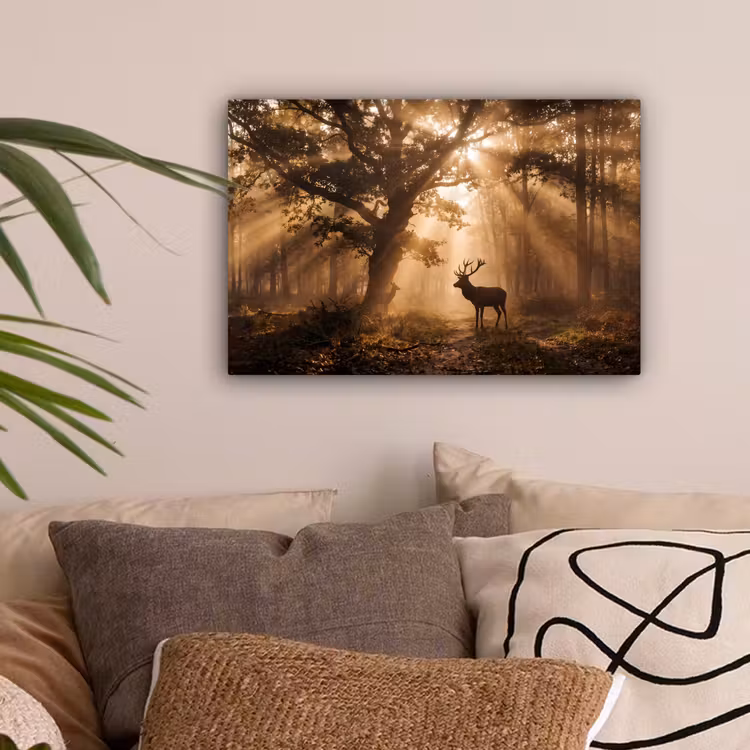 Hert - Bos - Mistig - Natuur - Goud canvas 2cm klein -sfeer1
