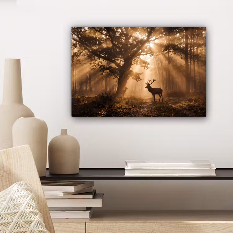 Hert - Bos - Mistig - Natuur - Goud canvas 2cm klein -sfeer6