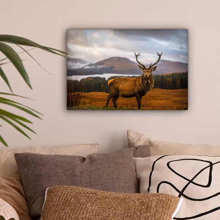 Hert - Berg - Water - Landschap - Dieren - Bomen canvas 2cm klein -sfeer1