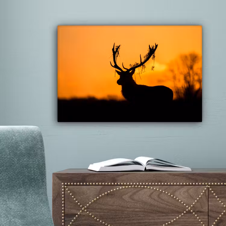 Hert - Oranje - Silhouet - Dieren - Natuur canvas 2cm klein -sfeer4