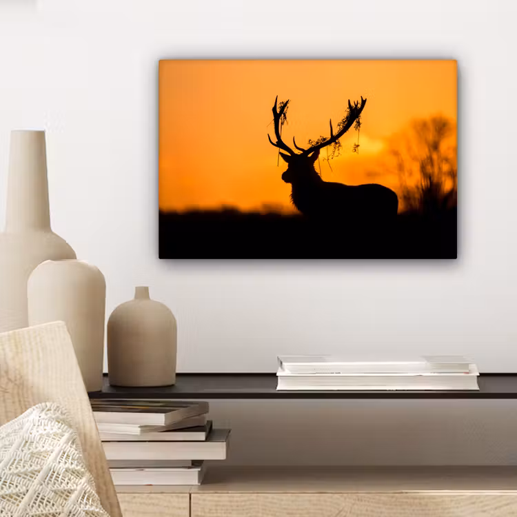 Hert - Oranje - Silhouet - Dieren - Natuur canvas 2cm klein -sfeer6