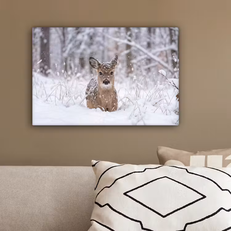 Hert - Sneeuw - Bos - Dieren - Vertederend canvas 2cm klein -sfeer3