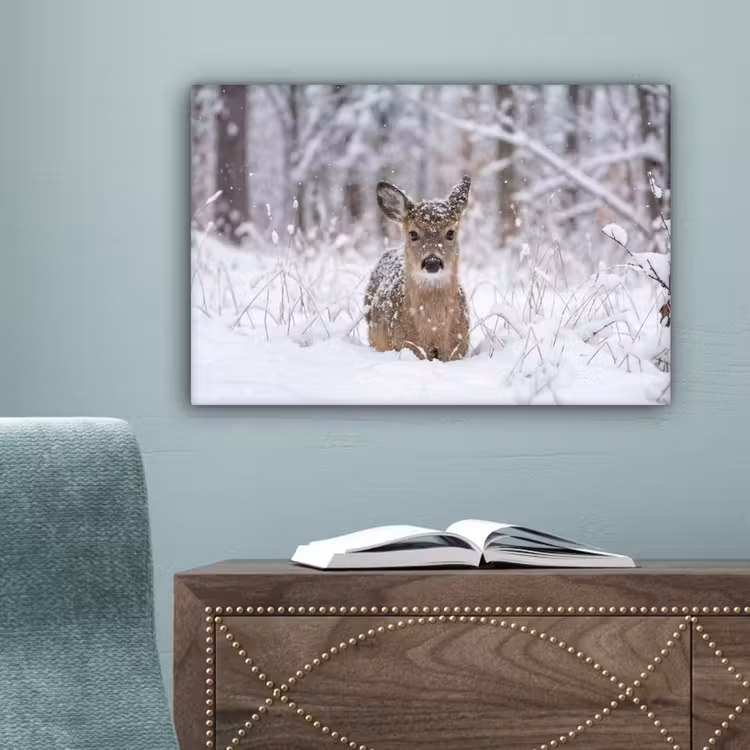 Hert - Sneeuw - Bos - Dieren - Vertederend canvas 2cm klein -sfeer4
